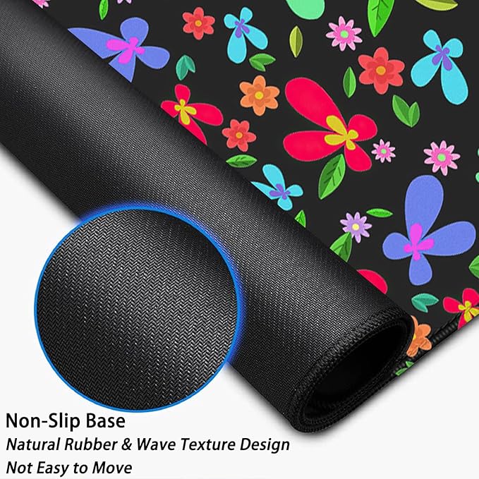 Colorful Flowers Desk Pad Mouse Pad,Large XL Green Leaves Floral Mouse Mat with Stitched Edges,Non-Slip Rubber Base Mousepad for Office PC Keyboard Laptop and Home Work Desk Mat(31.5X11.8 in)