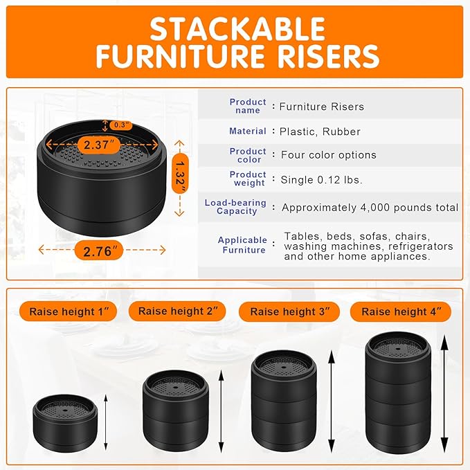 Furniture Risers Bed Risers Heavy Duty 1 inch, 2 inch, 3 inch, 4 inch Round Adjustable Bed Lifts Riser for Desk Legs Table Couch Sofa Chair Refrigerator Washing Machine (1 Inch, Black, 12 Pack )