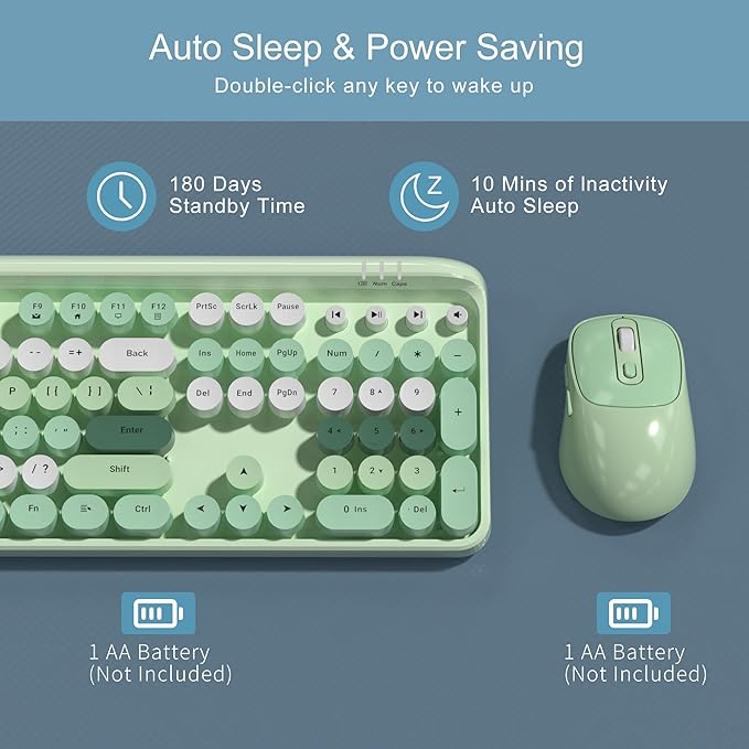 MageGee V920 Wireless Keyboard and Mouse Combo, 2.4G Full-Sized Retro Typewriter Keyboard with Round Keycaps & Auto-Sleep Mode, Cute Computer Keyboard and Cordless Optical Mouse for Laptop/PC (Green)