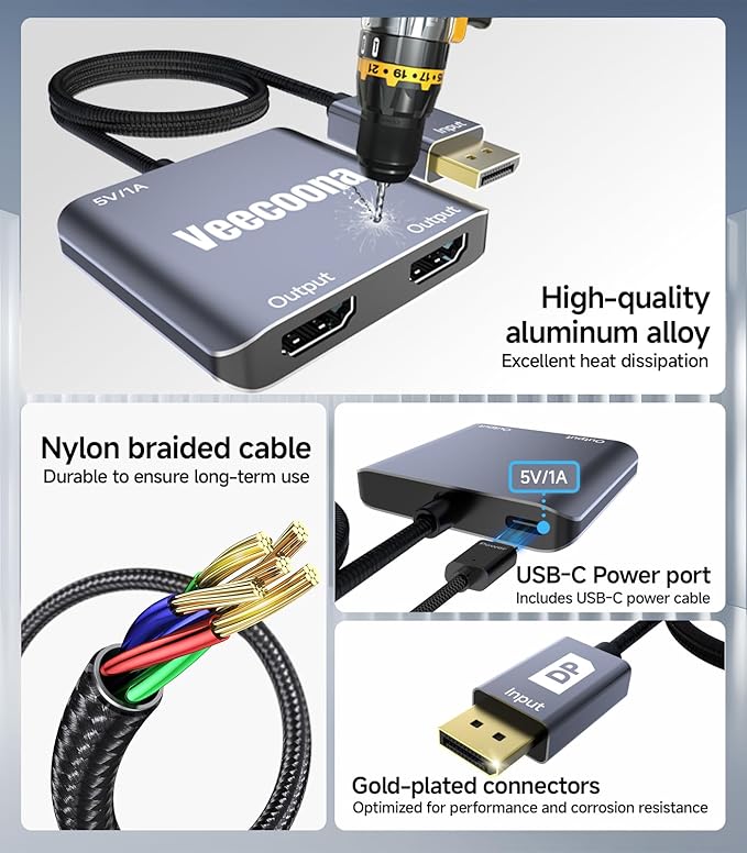 DisplayPort to Dual HDMI Adapter 1 in 2 Out | 4K60Hz, DP Source to HDMI Splitter Extended Display port splitter for Dual monitors, for Desktop,Laptop,NVIDIA, AMD Graphics Card - MACOS Not Support MST