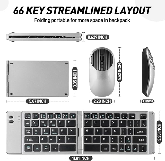 Mini Rechargeable Foldable Bluetooth Keyboard and Mouse Combo, Portable (Sync Up to 3 Devices), Ultra-Slim Travel Folding Keyboard for iPhone iPad Mac Android Windows iOS(Grey)