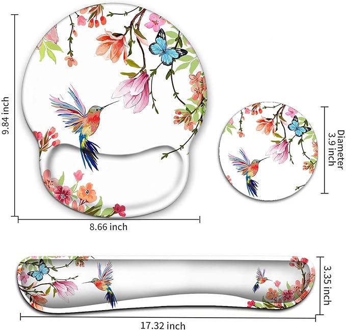 Keyboard Wrist Rest and Mouse Pad with Wrist Support, Ergonomic Gel Mouse Pad Coaster, Comfortable Lightweight for Easy Typing Pain Relief, Memory Foam Keyboard Mousepad Set,Hummingbird Flower
