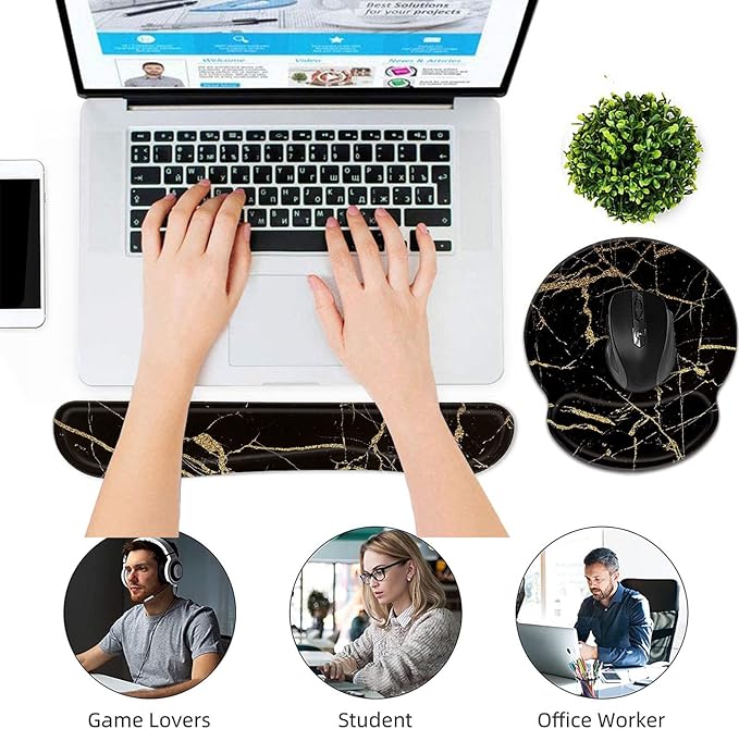 Bxgolkgd Keyboard Wrist Rest and Mouse Pad Wrist Support Set,Ergonomic Memory Foam Wrist Pad & Non Slip Base for Home Office Working Studying Easy Typing,Pain Relief,Black Gold Marble
