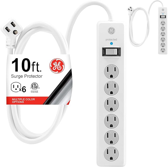 GE Surge Protector Power Strip,10 Ft Extension Cord,6 Outlet Extender,800 Joules,Flat Plug,Twist-to-Close Safety Covers,ETL Listed,White,46864, 2 Count (Pack of 10)