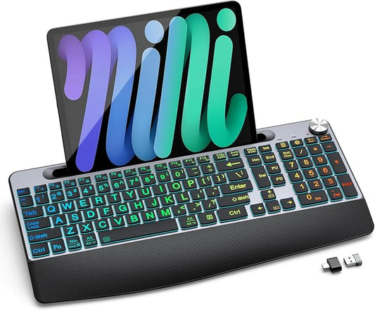 JOYACCESS Large Print Backlit Wireless Keyboard,2.4G Full Size Ergonomic Keyboard with Wrist Rest, 7-Color Light up and Oversiez Letter for Computer Laptop Windows-Black
