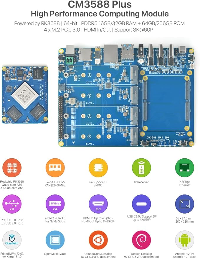 youyeetoo CM3588 Plus Mini NAS Platform, up to 8K Video, RK3588,OpenMediaVault fit,32GB LPDDR5, 4 x M.2 PCIe3.0 Socket, NAS Solutions, Home Server,Local Cloud Storage (32G+64G Core Board)