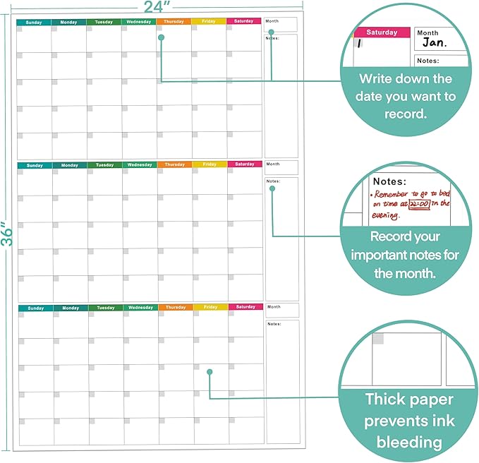 24" x 36" Dry Erase Wall Calendar large - Undated 3-Month Agenda Planner Calendar, Erasable and Reusable Whiteboard, 20 non-mark round double-sided glue, Vertical Layout for Office, Classroom, or Home