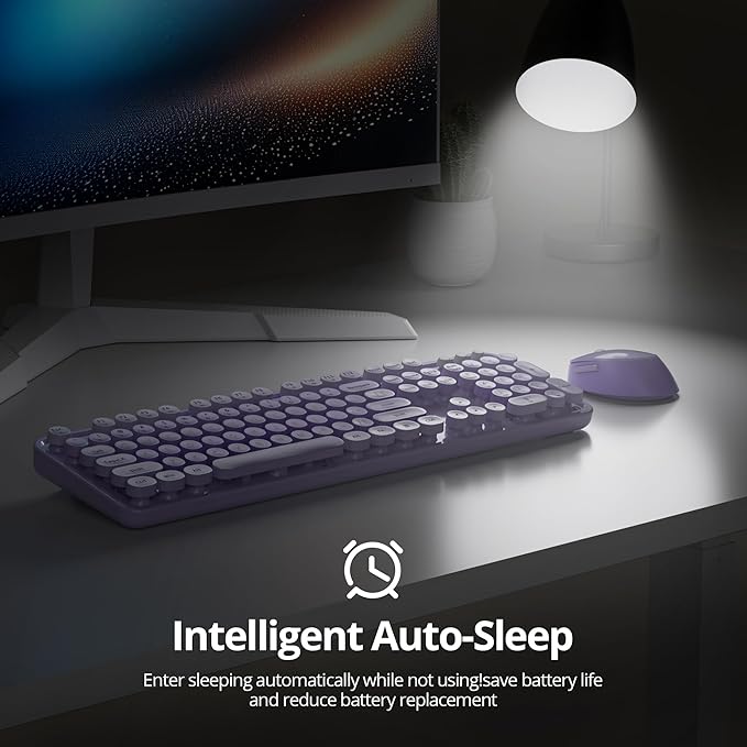 Cute Purple Keyboard and Mouse Combo Wireless, 2.4G Full Size 104-Key Retro Typewriter Keyboards Round Keys for Students Teenagers Home Office PC Laptop(Diary Purple)