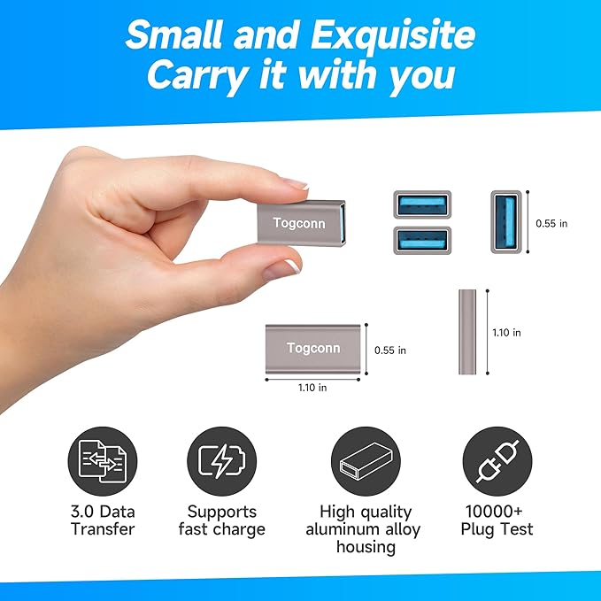 USB Coupler 2 Pack, Aluminum Shell USB 3.0 Type-A Female to Female Extension Adapter Connector, Support 5Gbps Data Transfer and Fast Charge for Connecting Extension Two USB-A Male Ends Cable