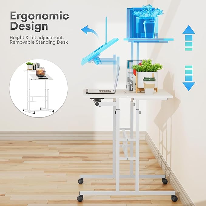 Athena Collection Height Adjustable Rolling Desk Mobile Portable Laptop Stand Cart Small Sit Standing Desk Computer Table Workstation for Home Office, White