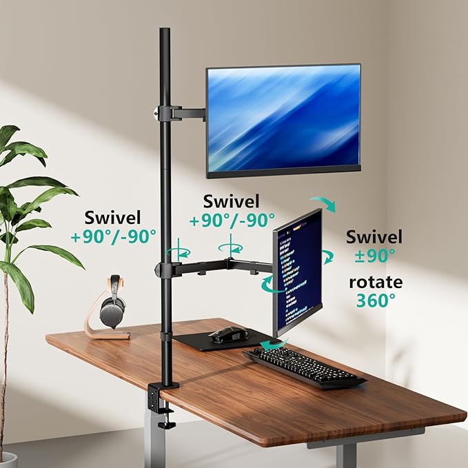 WALI Stacked Monitor Mount, Dual Monitor Stand Vertical for 2 Computer Screens Max 27'', Vertical Monitor Mount for Desk Holds up to 22lbs with Mounting Holes 75/100mm (M12XXL), Black