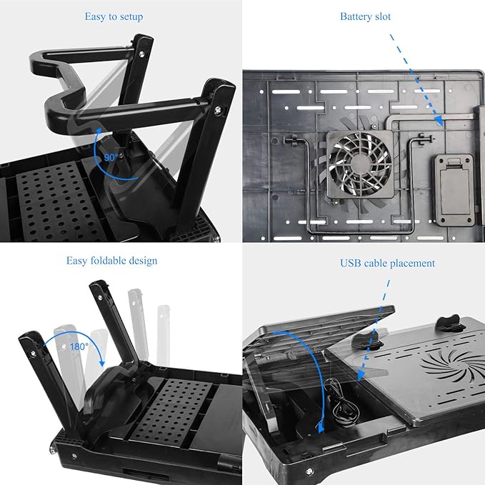 iMountek Laptop Table Bed Notebook Desk-Multi-Functional Laptop Bed Table Tray with Internal Cooling Fan, Laptop Desks with LED Light, 4 USB Ports, Storage, Mouse Pad (black)