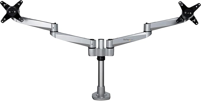StarTech.com Desk Mount Dual Display Arm, Premium Articulating VESA Mount for Screens up to 27" (17.6lb/8kg), Height Adjustment, Rotate, Tilt, Swivel, Clamp or Grommet Base, TAA