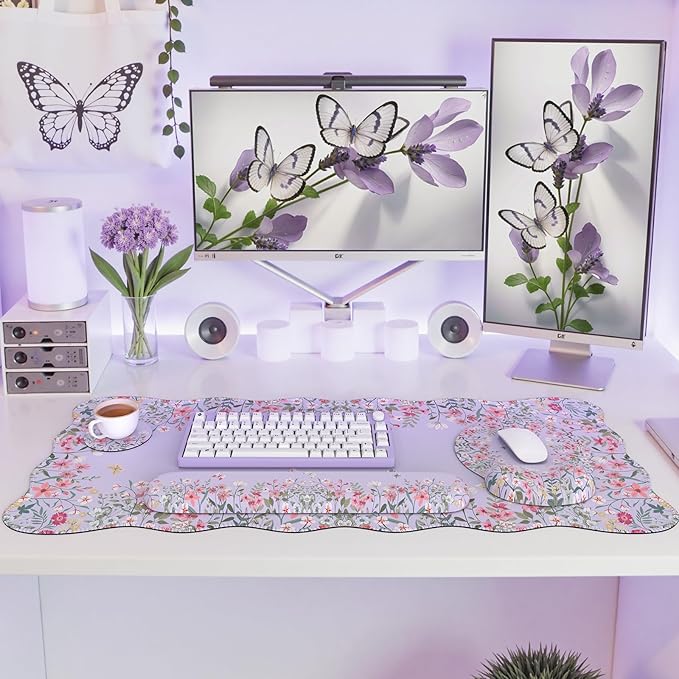 iCasso Desk Mat Set,Large Mouse Pad with Wrist Rest,Ergonomic Keyboard Wrist Support for Women,Girly Floral Computer Mat with Scalloped Edges,Non-Slip Desk Pad Home Office Gaming (Purple)