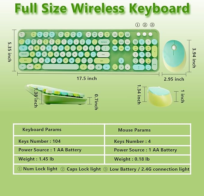 Wireless Keyboard and Mouse Combo, Ergonomic Cute Retro Typewriter Full Size Colorful USB Cordless Keyboard Mouse Set for Gaming and Office (Green)