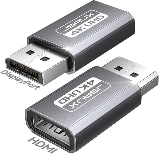 JSAUX 4K DisplayPort to HDMI Adapter 2 Pack, Uni Directional DP Source to HDMI Display Converter, 4K@30Hz, 2K@60Hz, 1080P@120Hz, Male to Female, for Desktop GPU and PC DisplayPort Output-Grey