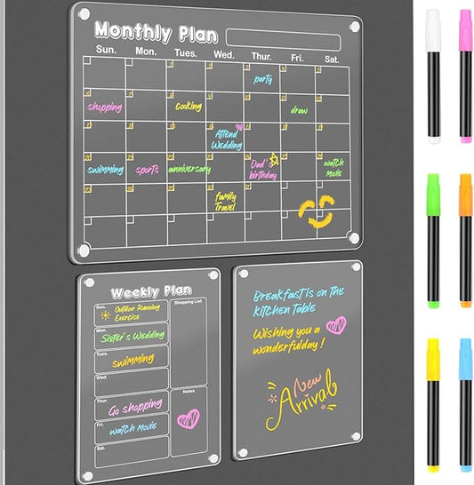DIYMAG Planning Pads 3Pack Acrylic Magnetic Dry Erase board for Fridge,15"x11" Set Magnetics Weekly Monthly Memo Planner Board for Refrigerator with 6 Colors Markers