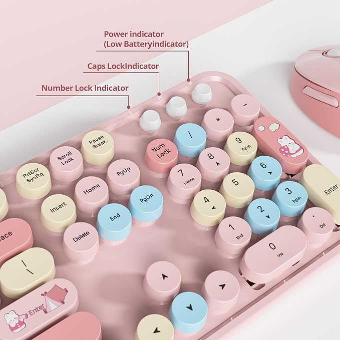 Cute Pink Keyboard and Mouse Combo Wireless, 2.4G Full Size 104-Key Retro Typewriter Keyboards Round Keys for Students Teenagers Home Office PC Laptop(Colorful Pink)