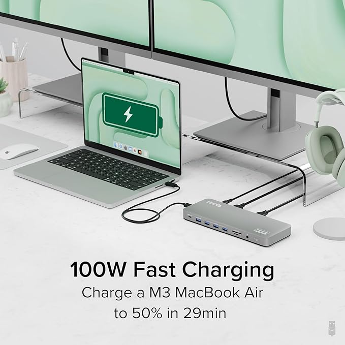 Plugable USB C Laptop Docking Station, Dual Monitor 4K 60Hz for Apple Mac M1/M2/M3/M4/M5/Neo, 2X HDMI or DisplayPort for MacBook, 100W Charging DisplayLink Dock, Driver Install Required (UD-6950PDH)