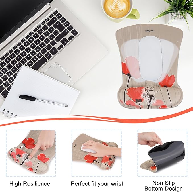 MEGREZ 4-in-1 Ergonomic Memory Foam Wrist Rest Set, Desk Pad, Mouse Pad with Wrist Rest, Keyboard Pad, Suitable for Office Workers, Programmers & Gamers–Relieve Typing & Gaming Fatigue, Light Brown