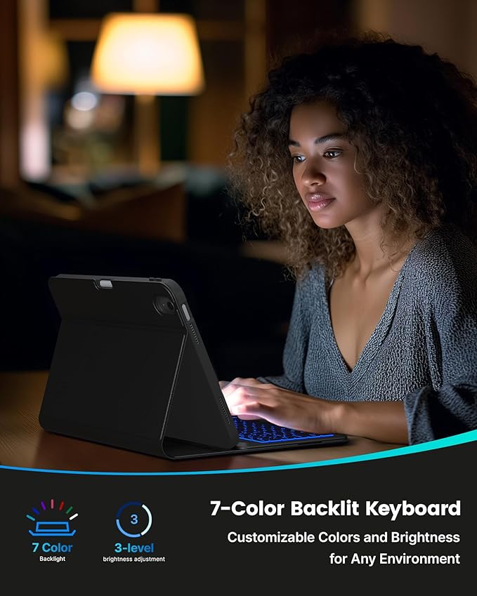 typecase Folio Keyboard Case for iPad 10th Gen 10.9 inch (2022) and iPad 11th (A16, 2025), Magnetic Wireless Detachable Keyboard, 7-Color Backlight, Thin & Light, Pencil Holder – Black