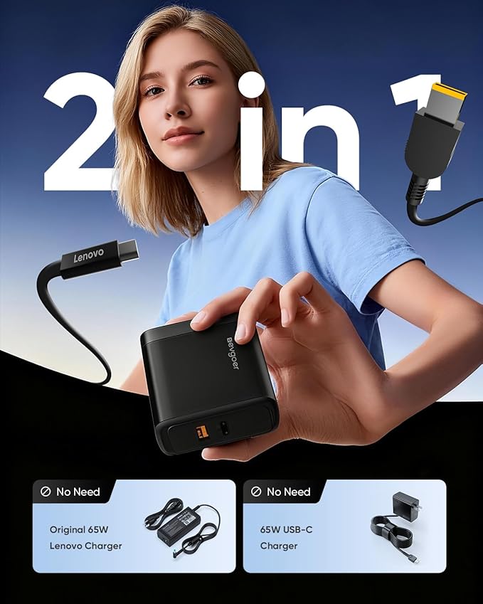 65W Lenovo Charger, Lenovo Laptop Charger for ThinkPad T/E/G Series, Compatible with 11x4.5mm Square Tip & All USB-C Devices