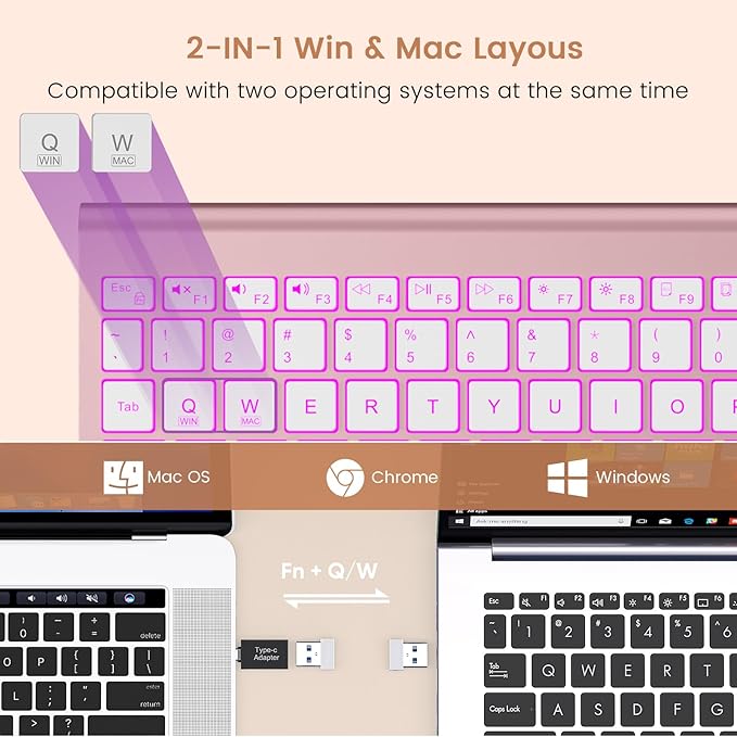 SABLUTE Wireless Keyboard with 7 Colored Backlits, Rechargeable Silent Compact Cordless Computer Keyboard with Low Profile Quiet Light Up Keys for Windows, PC, Linux, Chrome, Mac (Rose Gold)