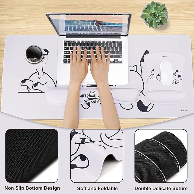 MEGREZ 4-in-1 Ergonomic Memory Foam Wrist Rest Set, Desk Pad, Mouse Pad with Wrist Rest, Keyboard Pad, Suitable for Office Workers, Programmers & Gamers–Relieve Typing & Gaming Fatigue, Beige