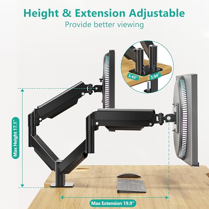 WALI Dual Monitor Mount for 17-32 inch Screens, Dual Monitor Arms for 2 Monitors Holds 19.8 lbs, Adjustable Gas Spring Dual Monitor Stand for Desk, VESA Mount 75x75/100x100mm (GSMP002), Black