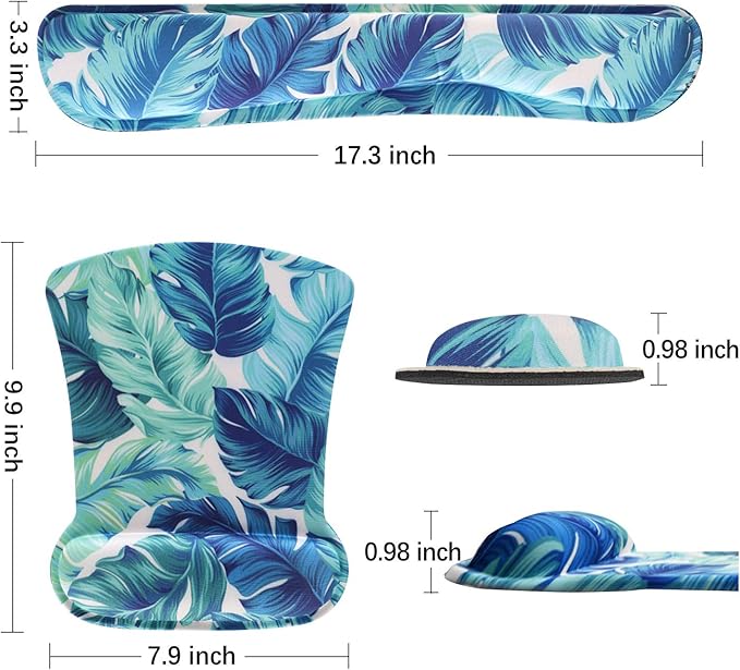 Keyboard Wrist Rest Pad Ergonomic Mouse Pad Set, ToLuLu Mouse Pad for Computer Laptop, Non Slip Mousepad Keyboard Wrist Support with Raised Memory Foam for Easy Typing Pain Relief, Tropical Leaf