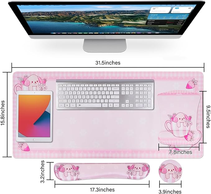 MEGREZ 4-in-1 Ergonomic Memory Foam Wrist Rest Set, Desk Pad, Mouse Pad with Wrist Rest, Keyboard Pad, Suitable for Office Workers, Programmers & Gamers–Relieve Typing & Gaming Fatigue, Pink