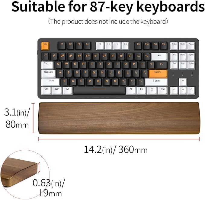 Walnut Wooden Wrist Rest for Mechanical Keyboard, Ergonomic Design for Wrist Pain Relief, Smooth No Odor and Easy to Clean, Support Wrist to Coding Typing and Playing (for 87 Key)