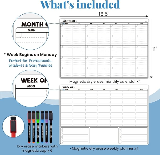 JJPRO Magnetic Dry Erase Monthly Calendar Whiteboard Set for Fridge- Reusable Monthly Calendar and Weekly Planner for Refrigerator-Starts Monday-Magnetic Weekly Planner Bundle-16.5"x11"