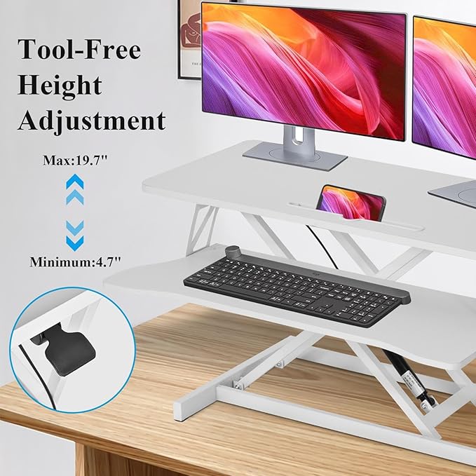 37" Desk Converter, Height Adjustable Stand Up Desk Converter, 2 Monitor Standing, Sit to Stand, Quick Sit to Tabletop, Riser Workstation with Wide Keyboard Tray