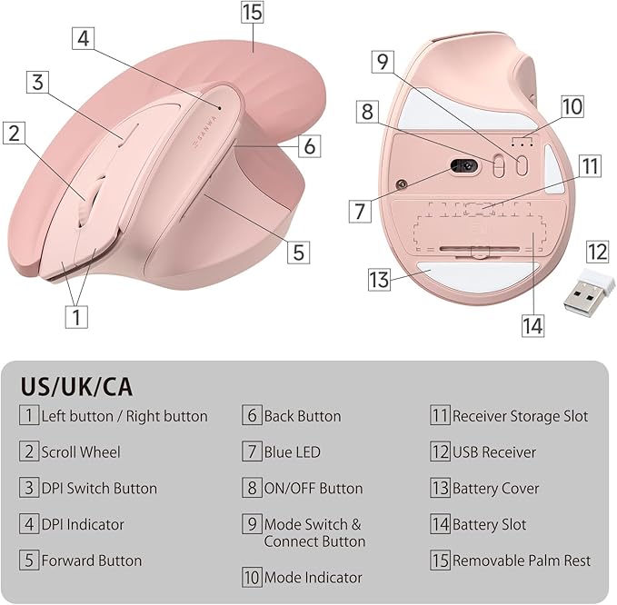 SANWA Wireless Ergonomic Mouse for Large Hands, Silent Click Vertical Mice with Removable Wrist Rest, 1000-4000 DPI, 3-Device (2.4G + 2 Bluetooth 5.4), Compatible with Mac, Windows, Laptop, PC, Pink