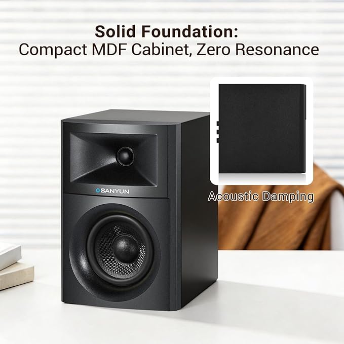 Sanyun SW203 4.0 Computer Speakers - 60W 4-Way DSP Control 3D Immersive Sound - 3" Carbon Fiber Woofer & 20mm Silk Dome Tweeter - 24bit DAC USB/Bluetooth 5.4/AUX - Studio-Grade Audio (Pair, Black)
