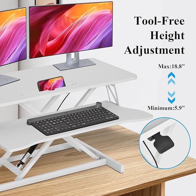 38-Inch Height Adjustable Standing Desk Converter, Duals Monitor & Laptop Riser with Wide Keyboard Tray, Sit to Stand Ergonomic Workstation for Home Office, School, Business, White