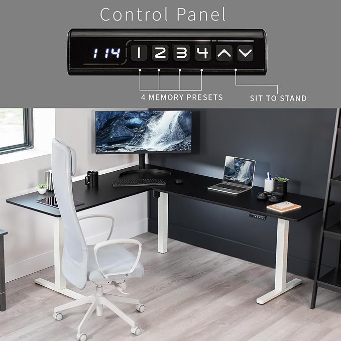 VIVO Corner Standing Desk, 75 x 63 inch Reversible L-Shaped Workstation, Electric Height Adjustment, Home, Office, and Reception Rooms, Black Table Top White Frame, DESK-E3CTWB-75