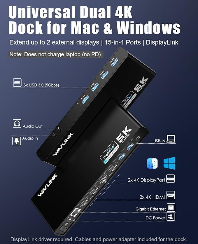 WAVLINK Pro Dual 4K@60Hz Universal Docking Station | USB 3.0/USB-C Laptop Dock for Mac & Windows | 2 HDMI/DP Monitors, Gigabit Ethernet, 6 USB 3.0 | Home Office & Multi-Screen Productivity.