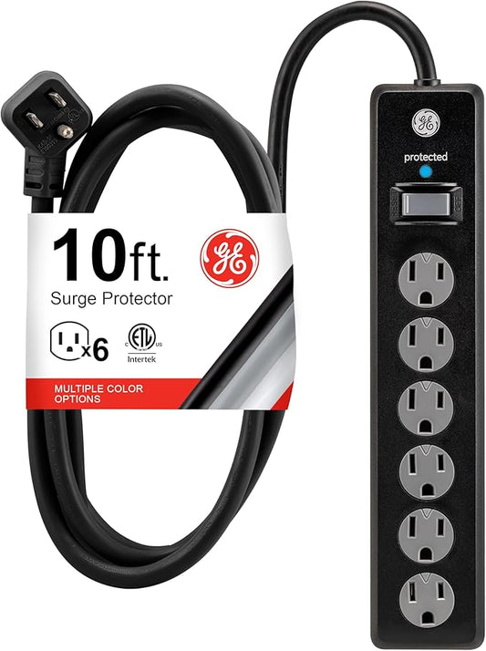 GE 6-Outlet Surge Protector,10 Ft Extension Cord,Power Strip,600 Joules,Twist-to-Close Safety Covers,Protected Indicator Light,ETL Listed,Black,37442,(Pack of 12)