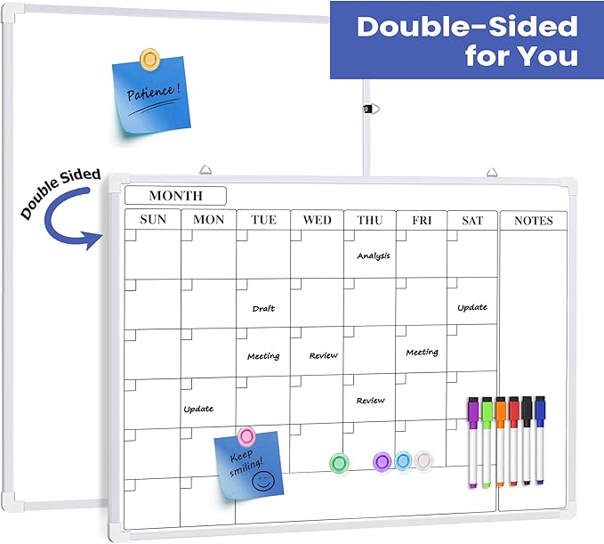 Monthly Whiteboard Calendar for Wall, 24" x 18" Dry Erase Board with Plastic Frame, Hanging Dry Erase Calendar with 3 Mini Sticky Notes for Kitchen Planner, Memo, Home and Office, White