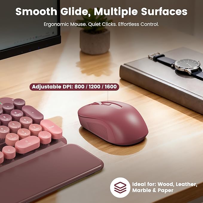 Wireless Keyboard and Mouse Combo, Cute Retro Typewriter Keyboard with Round Keycaps, Magnetic Wrist Rest, Full-Size Aesthetic Design, 2.4GHz Wireless for Mac, Windows PC, SABLUTE CK23, Pink Gradient
