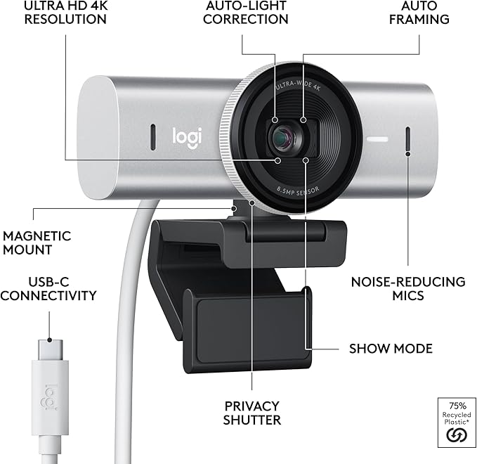 Logitech MX Brio Ultra HD 4K Collaboration, Streaming Webcam, 1080p at 60 FPS, Show Mode, Works with Microsoft Teams, Zoom, Google Meet, Nintendo Switch 2 New GameChat - Pale Gray