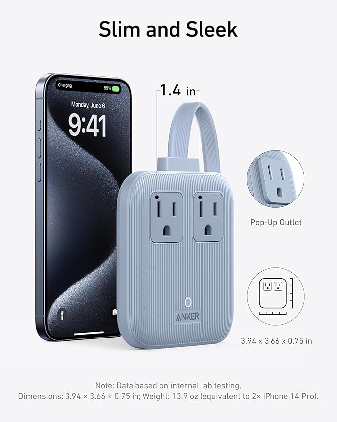 Anker Travel Power Strip, Anker Nano 67W Max 6-in-1 USB C Charger, 2 AC, 2 USB A and 2 USB C, 5ft Thin Undetachable Flat Plug Extension Cord with Multiple Outlets, Travel Essentials, Cruise Essentials