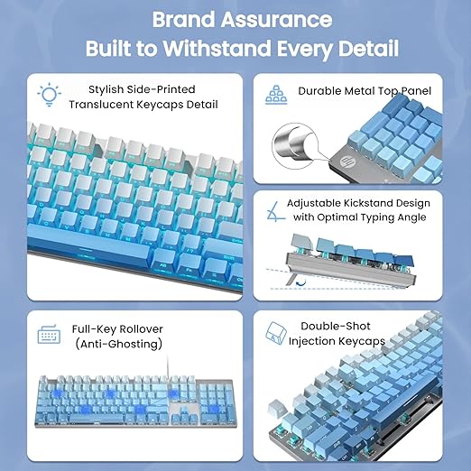 HP GK400F Mechanical Gaming Keyboard, 104 Keys Wired USB Keyboard with Tactile Brown Switches, Ice Blue LED Backlight, Full N-Key Rollover, Ergonomic Design, White & Blue Gradient
