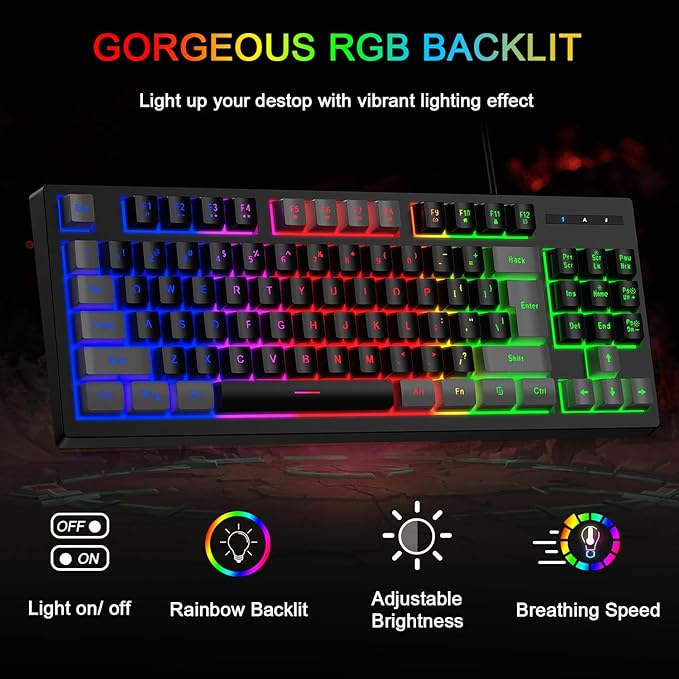 BlueFinger RGB 87 Keys Gaming Keyboard and Backlit Mouse Combo, USB Wired Rainbow Keyboard, Gaming Keyboard Set for Laptop PC Computer Game and Work(Gray & Black)