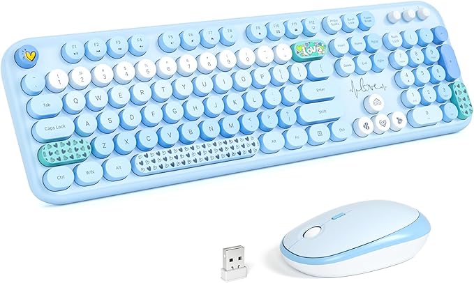 KNOWSQT Wireless Keyboard and Mouse Combo - Lovely Blue Rainbow 2.4G Full-Sized Colorful Keyboards, Round Keycap USB Dongle Plug Play Cute Keyboards for Windows, Laptop, PC, Desktop, Mac