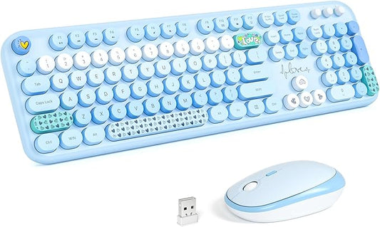 KNOWSQT Wireless Keyboard and Mouse Combo - Lovely Blue Rainbow 2.4G Full-Sized Colorful Keyboards, Round Keycap USB Dongle Plug Play Cute Keyboards for Windows, Laptop, PC, Desktop, Mac