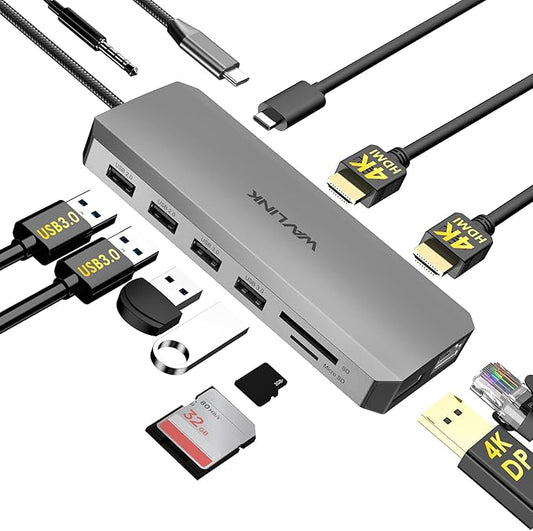 WAVLINK USB C Docking Station 3 Monitor, USB-C Hub Laptop Triple Display with Dual HDMI,DisplayPort, 100W PD Charging, Ethernet, 5 USB, SD/TF Read, Audio for Dell HP Lenovo Surface, Grey