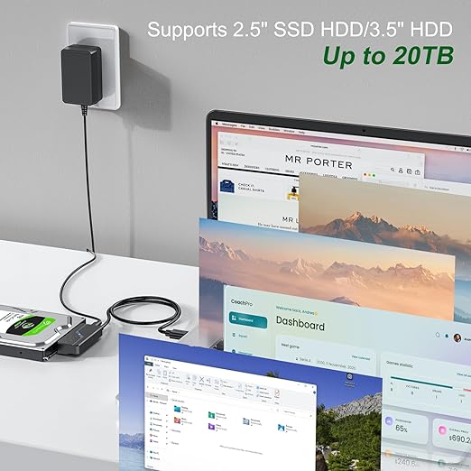 SATA to USB C Adapter with Power, USBC to SATA Cord External Hard Drive Type C Cable for 2.5" HDD/SSD & 3.5" HDD Up to 20TB Converter with 24W Adapter Support UASP Seagate WD Hitachi Toshiba